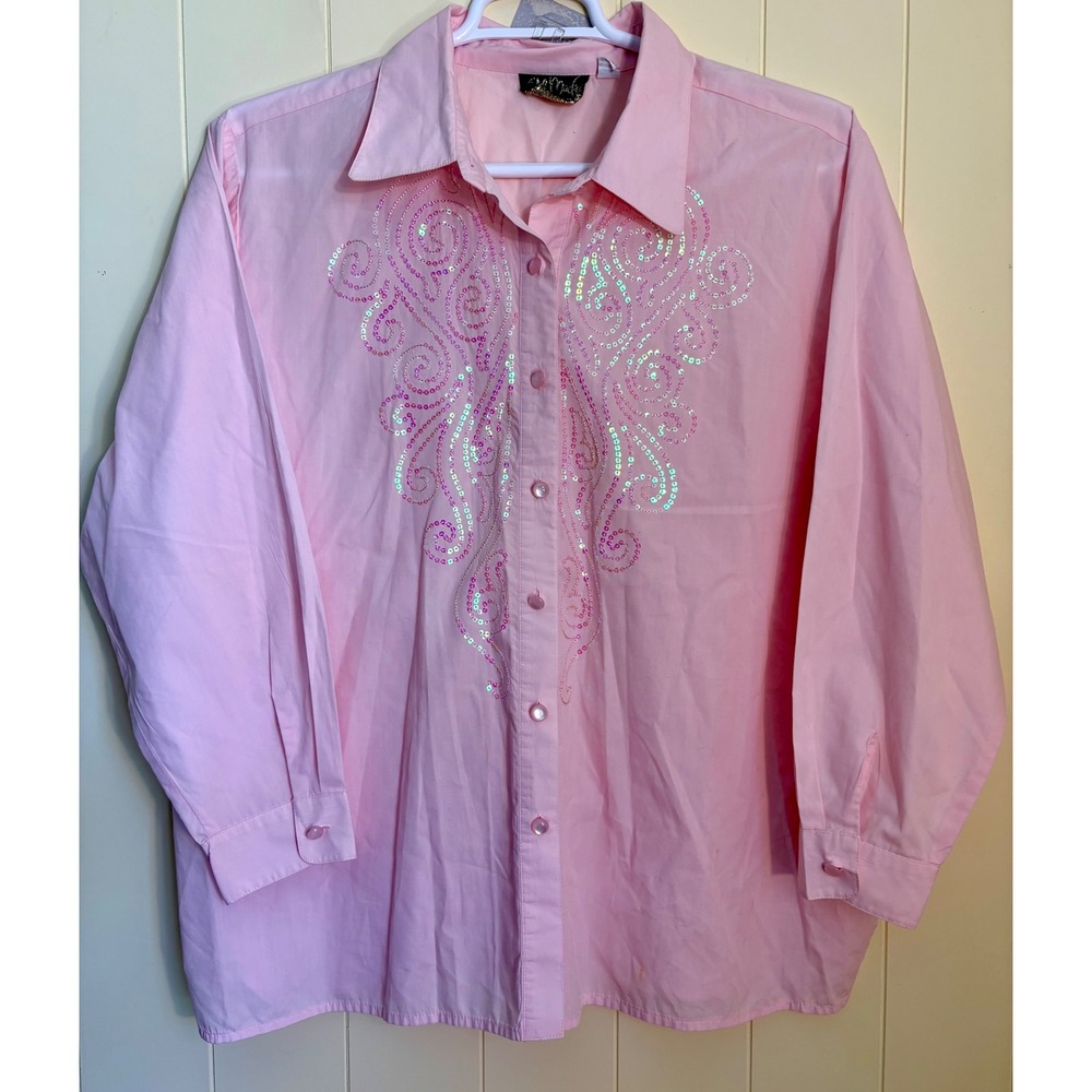 Bob Mackie Wearable Art Pink Sequin Scroll Button Down Shirt Womens 1X